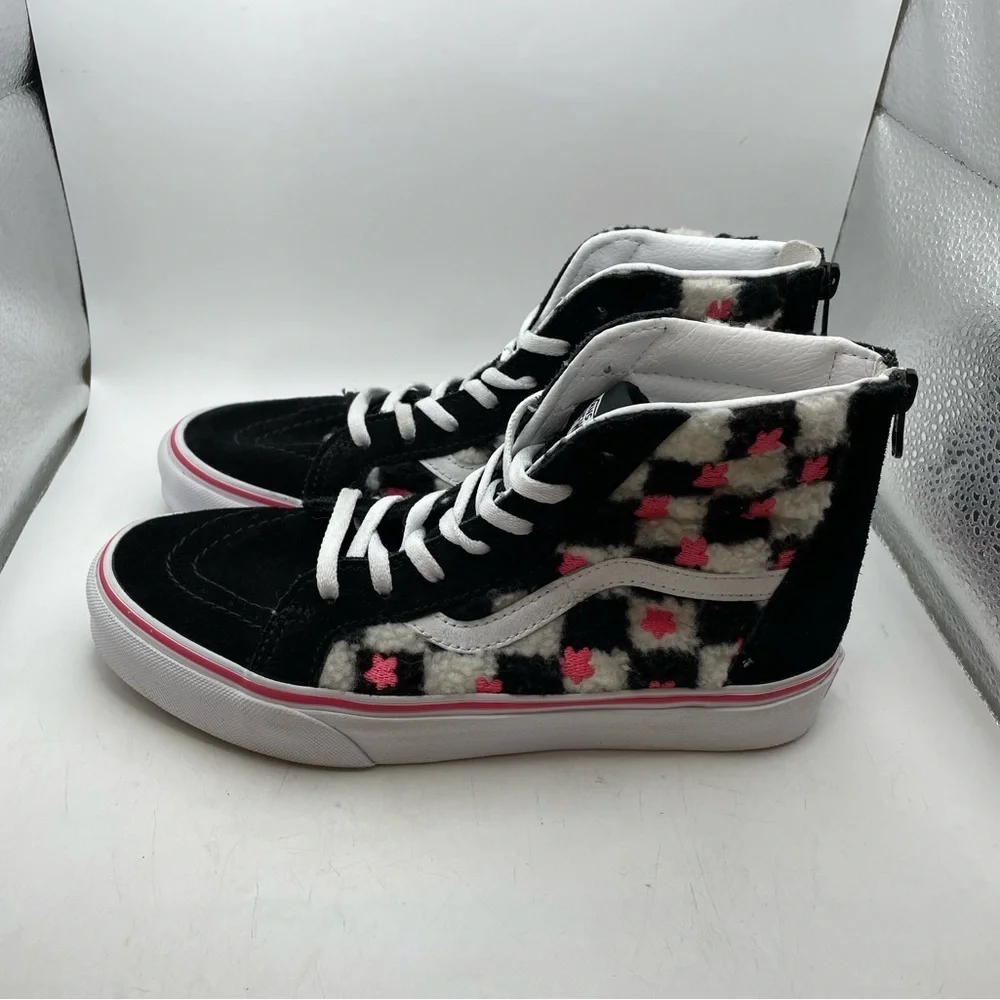 Vans Old Skool girls black white checkered floral hi sneakers size 5Y